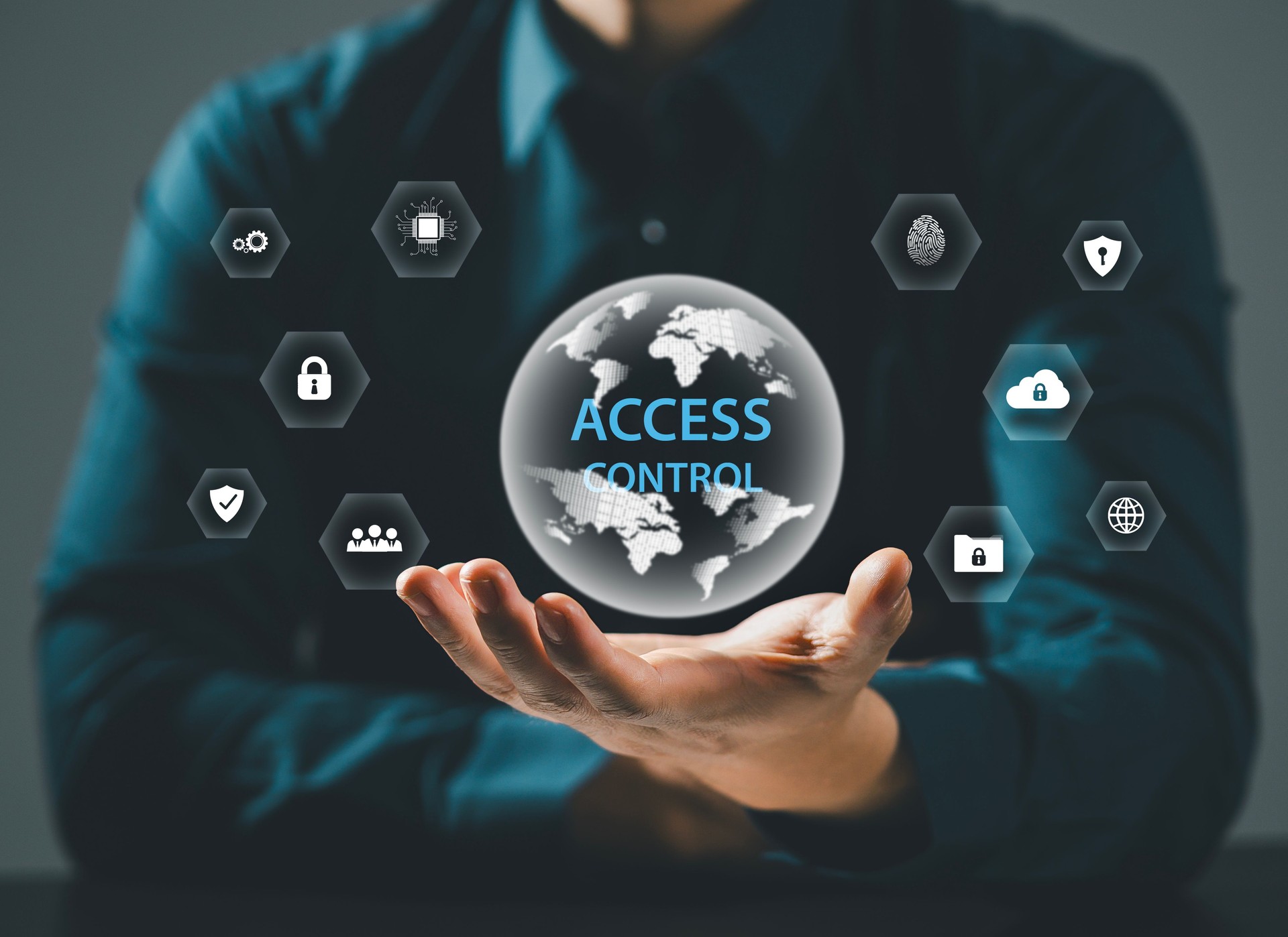 Businessman holding digital key icon and virtual access control icon for personal data security access. Automatic access control system. Access control concept.